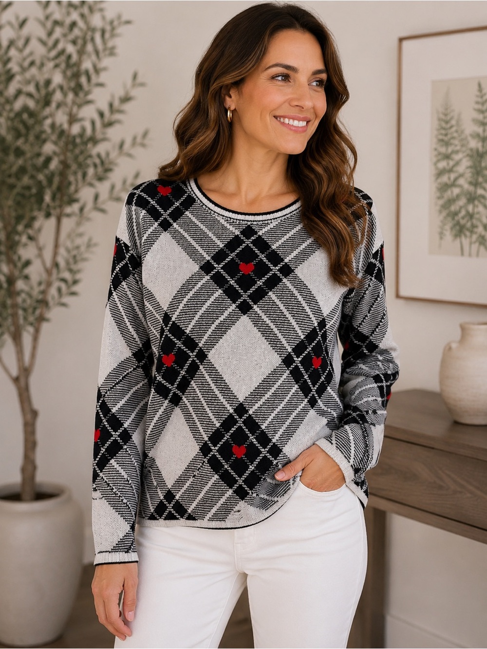 NWT Tahari Plaid Heart Sweater & Matching Wristlet Set Black White Red S